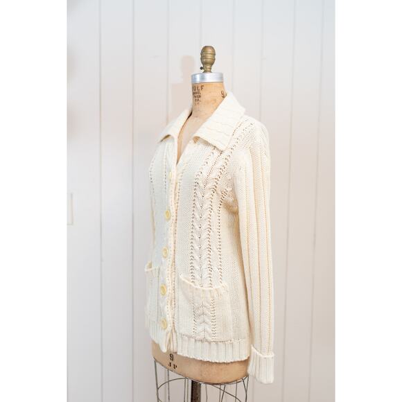 Vintage Cream Cable Knit Fisherman Sweater, Cottage Acrylic Cardigan, Pockets, M - Picture 6 of 11